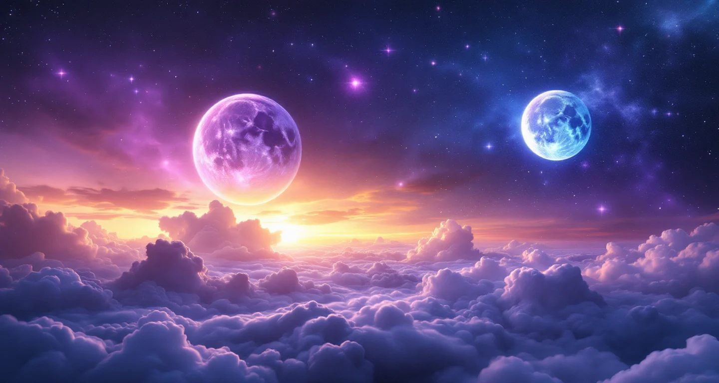 Rüyada Deniz Görmek sembolünü temsil eden, mor-magenta bulutsu ve altın yıldızlardan oluşan atmosferik rüya sahnesi.