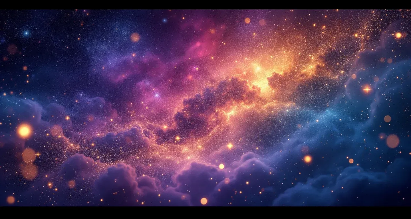夢で海辺にいることを表す、紫がかったマゼンタの星雲と金色の星々で構成された幻想的な夢の風景。
