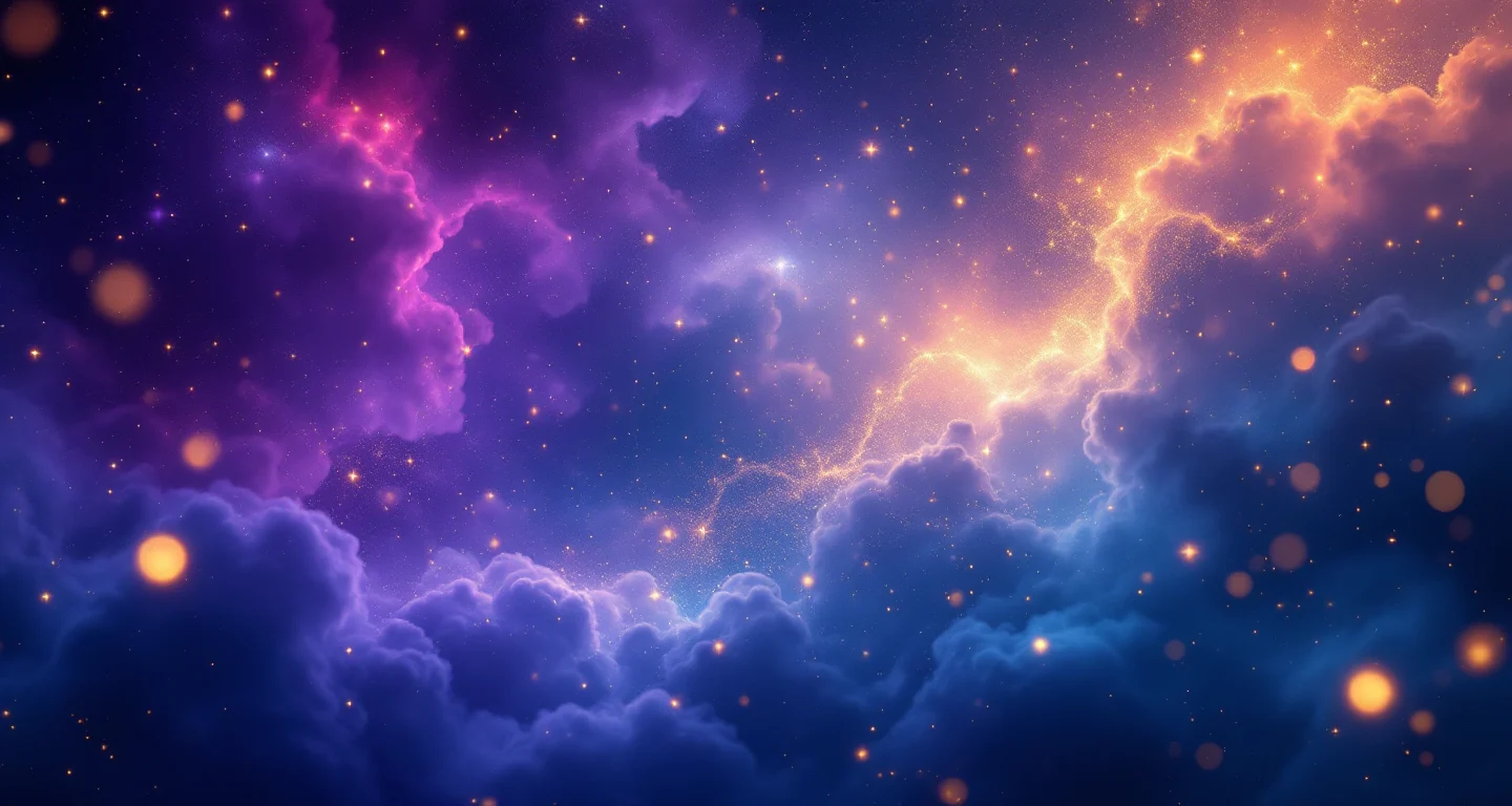 Rüyada Denizde Yuzmek Gormek sembolünü temsil eden, mor-magenta bulutsu ve altın yıldızlardan oluşan atmosferik rüya sahnesi.