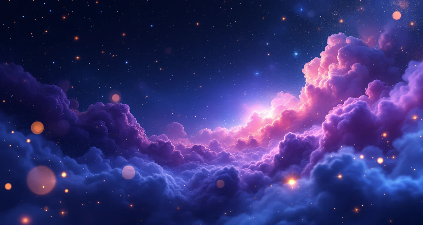 Rüyada Deprem Olduğunu Ama Yıkılmadığını Görmek sembolünü temsil eden, mor-magenta bulutsu ve altın yıldızlardan oluşan atmosferik rüya sahnesi.