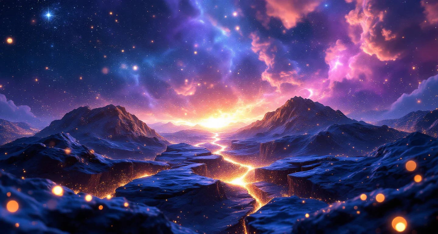 Rüyada Deprem Olduğunu Görmek sembolünü temsil eden, mor-magenta bulutsu ve altın yıldızlardan oluşan atmosferik rüya sahnesi.