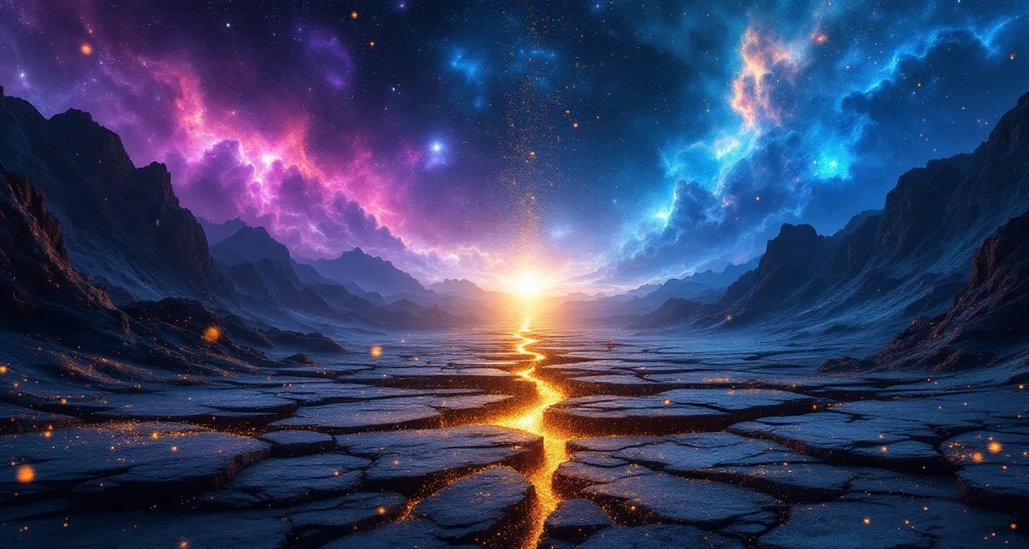 An atmospheric dream scene made of purple-magenta nebulae and golden stars, representing the symbol of seeing an earthquake in a dream.