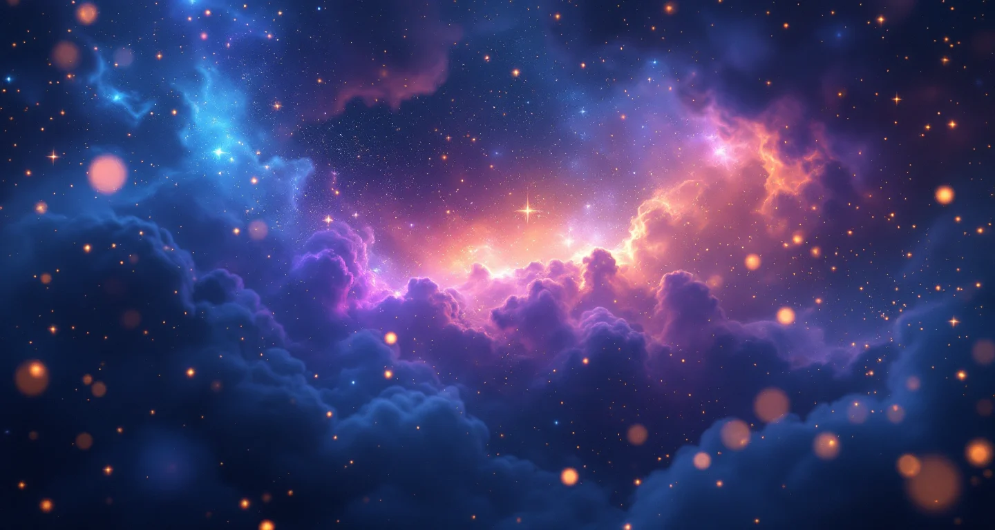 Rüyada Deprem Olduğunu ve Kurtulduğunu Görmek sembolünü temsil eden, mor-magenta bulutsu ve altın yıldızlardan oluşan atmosferik rüya sahnesi.