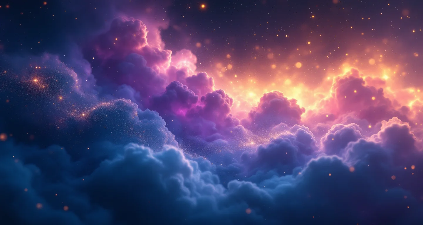 Rüyada Dev Erkek Görmek sembolünü temsil eden, mor-magenta bulutsu ve altın yıldızlardan oluşan atmosferik rüya sahnesi.