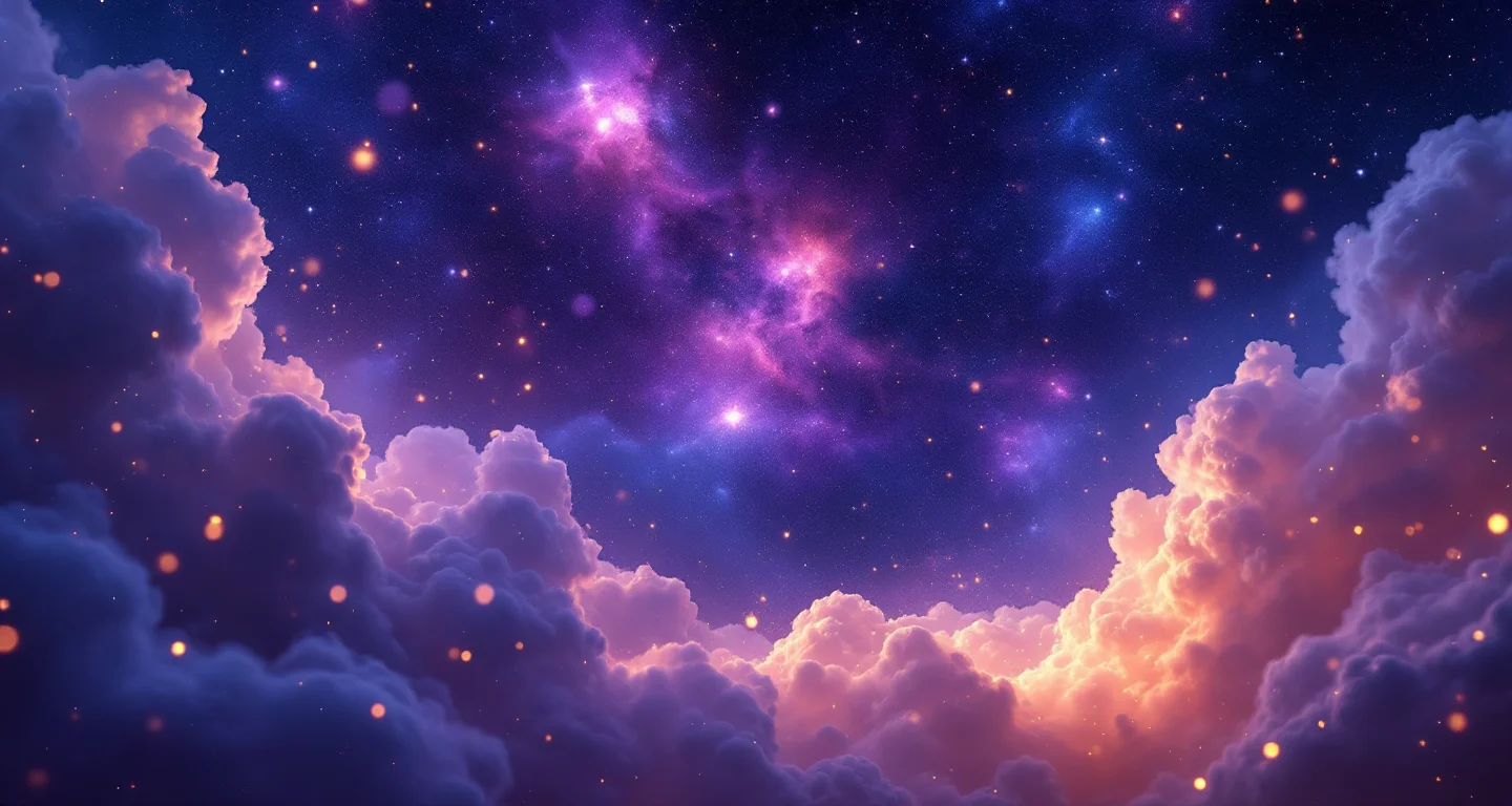 Rüyada Deve Görmek sembolünü temsil eden, mor-magenta bulutsu ve altın yıldızlardan oluşan atmosferik rüya sahnesi.