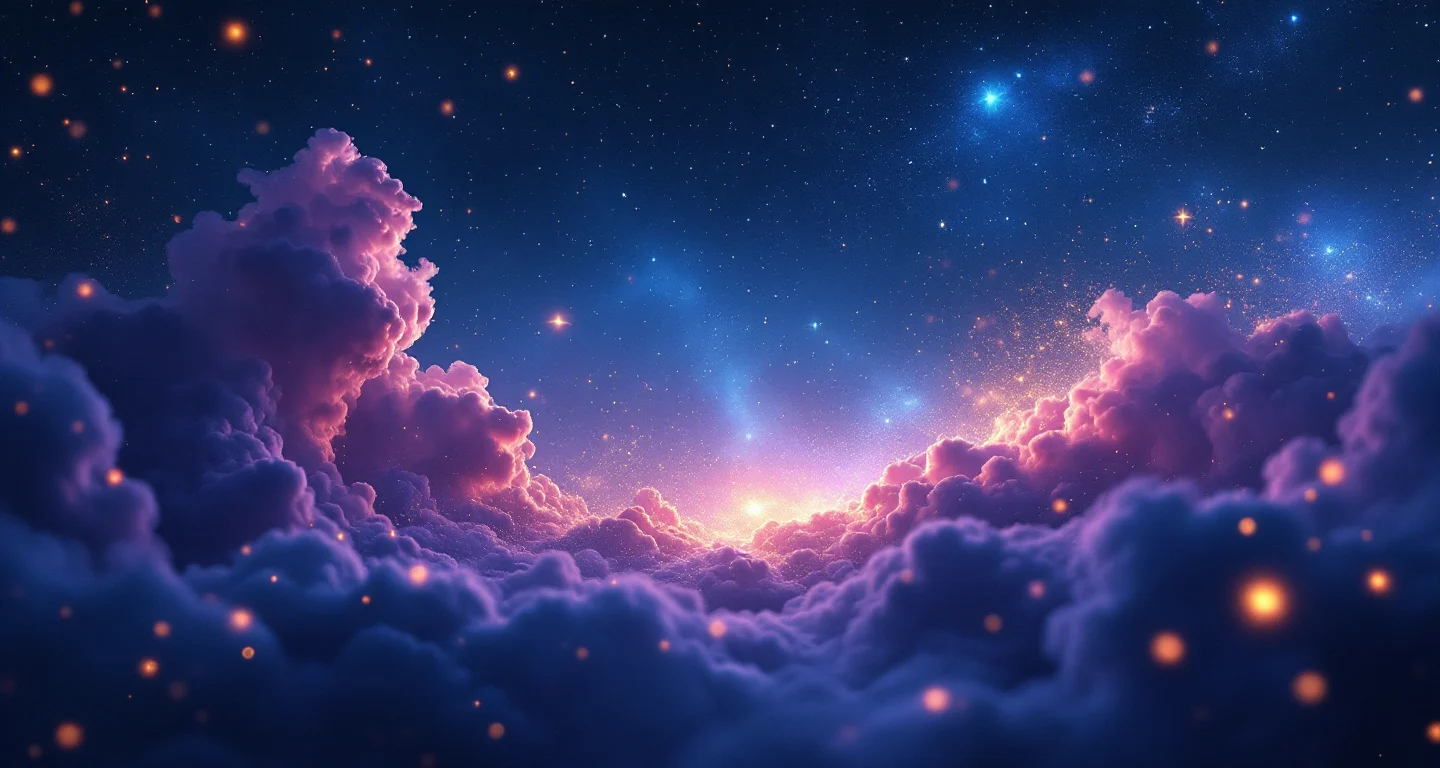 Rüyada Dini Rüya Tabiri Görmek sembolünü temsil eden, mor-magenta bulutsu ve altın yıldızlardan oluşan atmosferik rüya sahnesi.