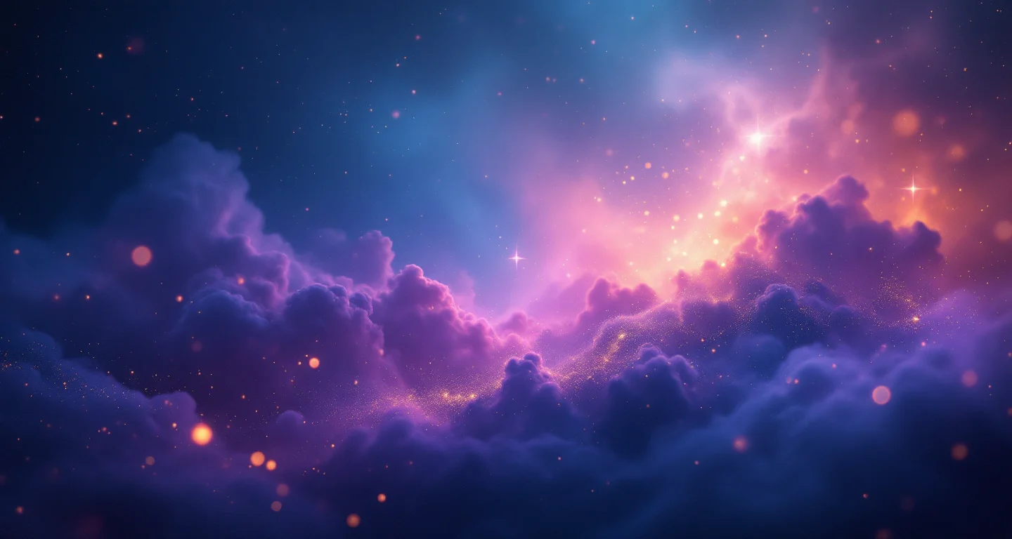 Rüyada Dini Rüya Tabirleri Görmek sembolünü temsil eden, mor-magenta bulutsu ve altın yıldızlardan oluşan atmosferik rüya sahnesi.