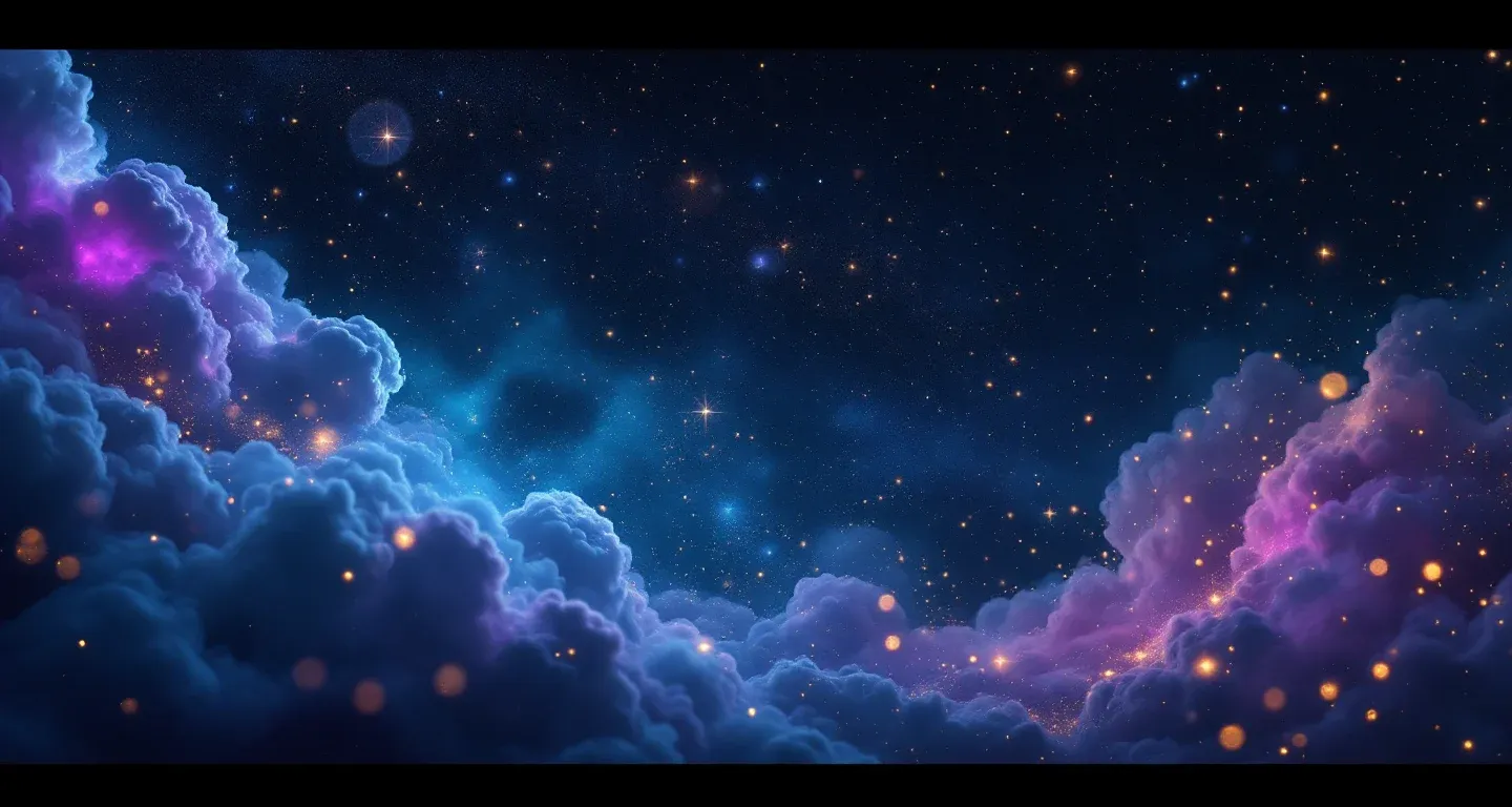 Escena onírica atmosférica con nebulosas moradas y magenta y estrellas doradas que representa el símbolo de soñar con sacarse un diente.