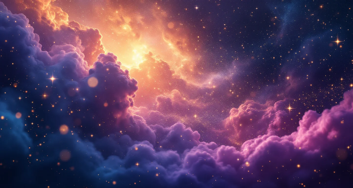 Rüyada Diş Çıkması Görmek sembolünü temsil eden, mor-magenta bulutsu ve altın yıldızlardan oluşan atmosferik rüya sahnesi.