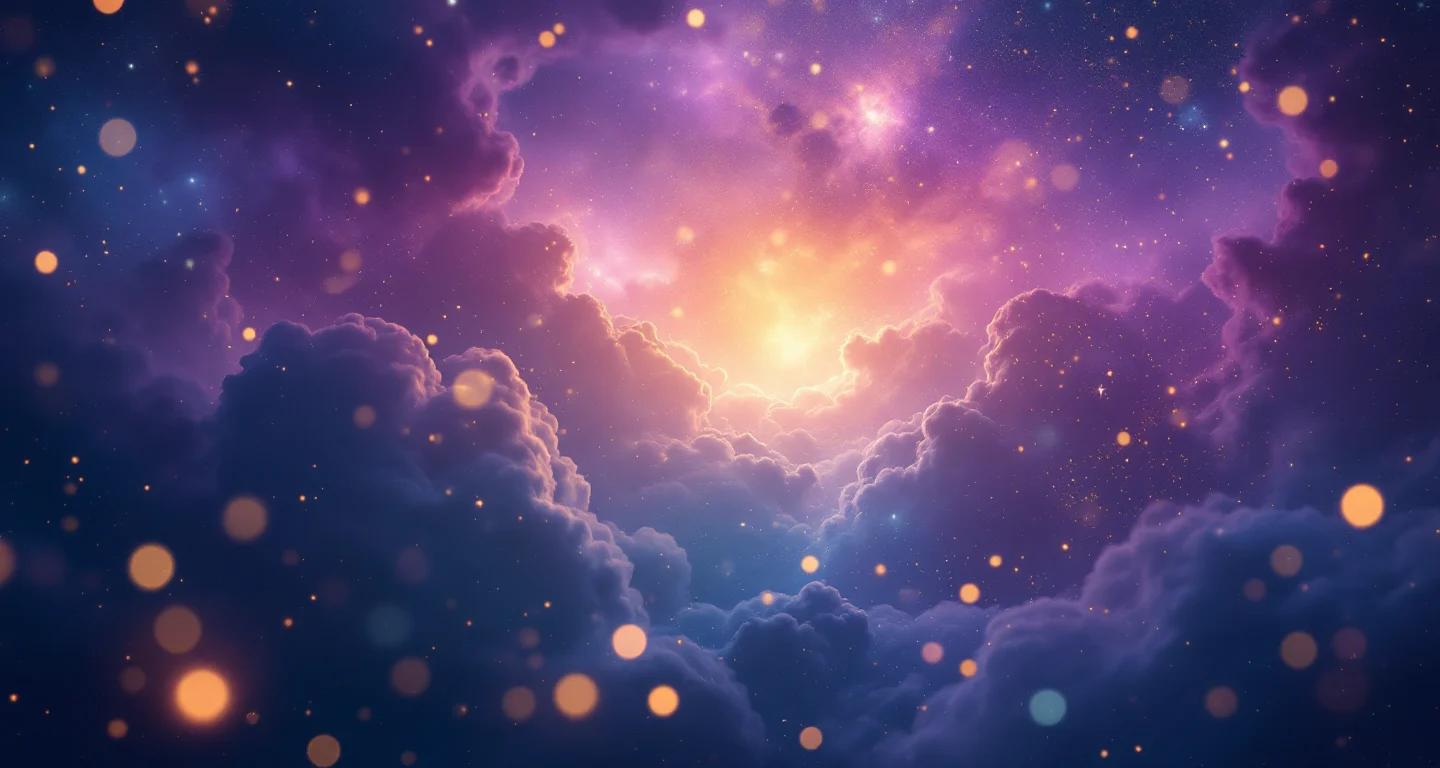 Rüyada Dişlerin Dökülmesi Görmek sembolünü temsil eden, mor-magenta bulutsu ve altın yıldızlardan oluşan atmosferik rüya sahnesi.