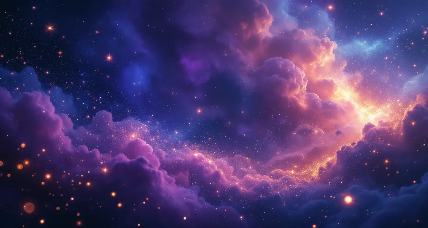 Atmosphärische Traumszene mit violett-magenta Nebel und goldenen Sternen, die das Symbol des Sehens eines Arztes im Traum darstellt.