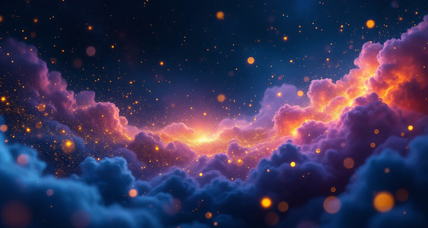 Rüyada Domates Görmek sembolünü temsil eden, mor-magenta bulutsu ve altın yıldızlardan oluşan atmosferik rüya sahnesi.