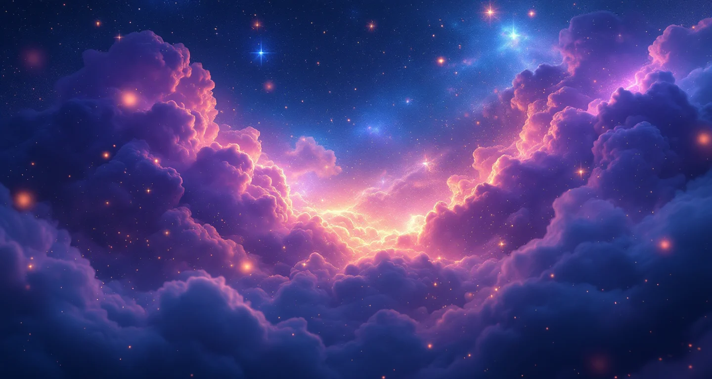 Ruyada Dugun Gormek sembolünü temsil eden, mor-magenta bulutsu ve altın yıldızlardan oluşan atmosferik rüya sahnesi.