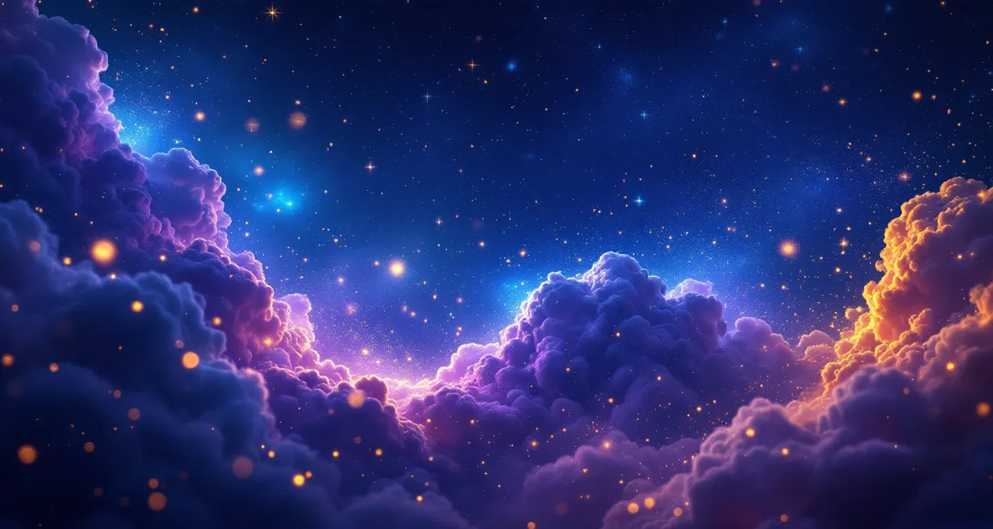 Escena onírica atmosférica con una neblina morada y magenta, y estrellas doradas, que representa el símbolo de ir a una boda en sueños.