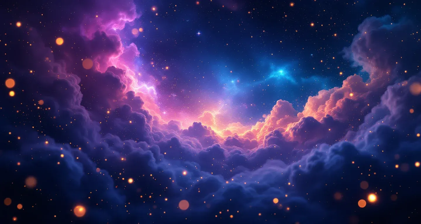 Escena onírica atmosférica con una nebulosa morado-magenta y estrellas doradas que representa el símbolo de soñar con romper pan y comerlo.