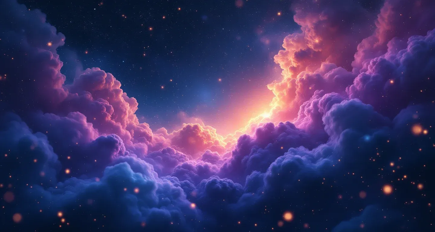 Atmosphärische Traumszene aus violett-magenta Nebel und goldenen Sternen, die das Symbol des Brotessens im Traum darstellt.
