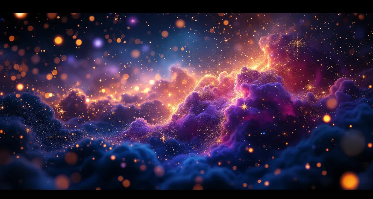 Escena onírica atmosférica con nebulosas moradas y magenta, y estrellas doradas, que representa el símbolo de sufrir acoso con la mano en sueños.