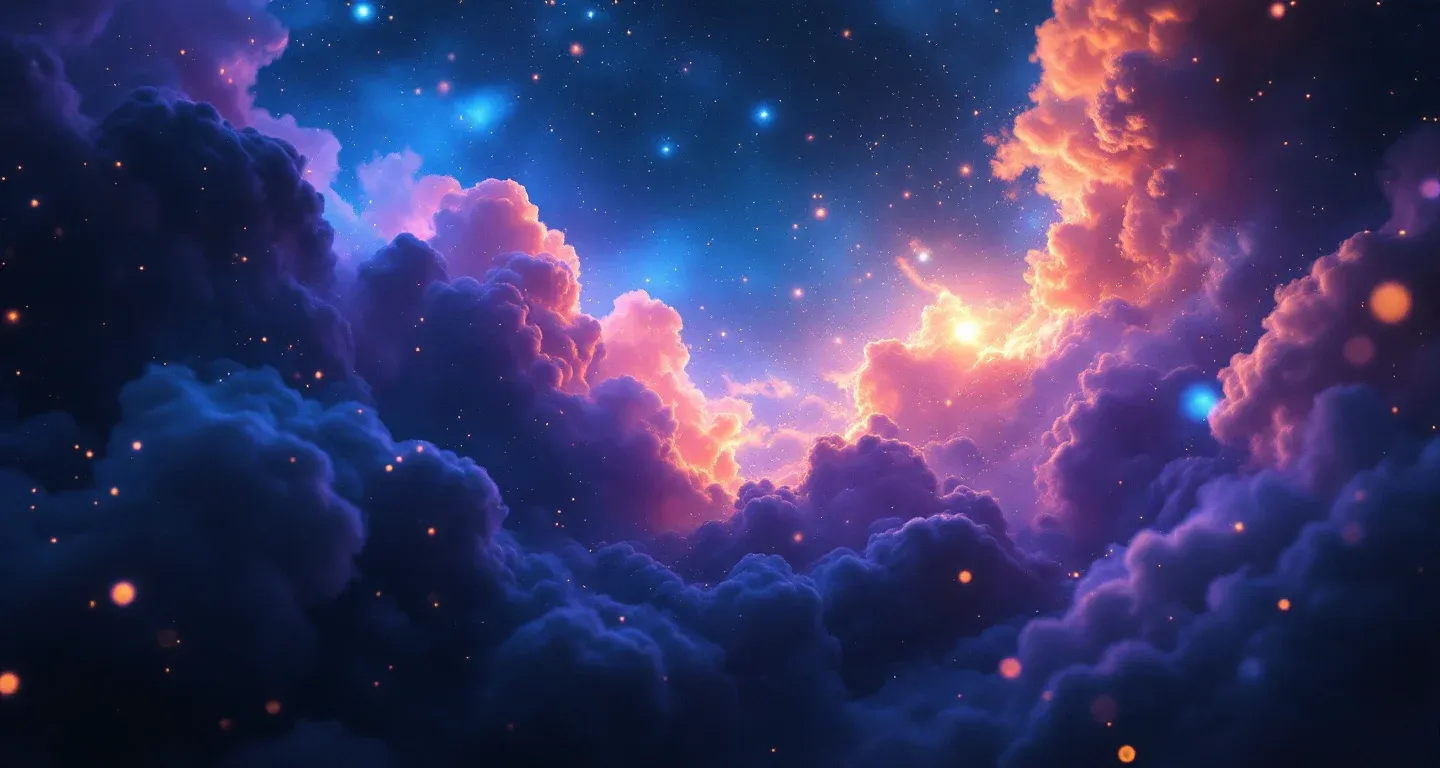 Atmosphärische Traumszene mit violett-magenta Farbschleier und goldenen Sternen, die das Symbol des Äpfelessens im Traum darstellt.