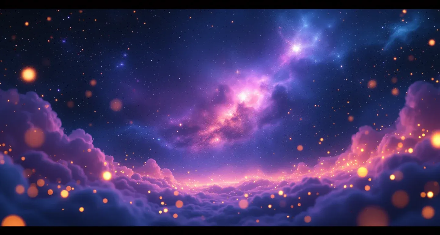 Una scena onirica atmosferica con nebulose viola-magenta e stelle dorate, che rappresenta il simbolo del sognare che la cognata sia incinta.