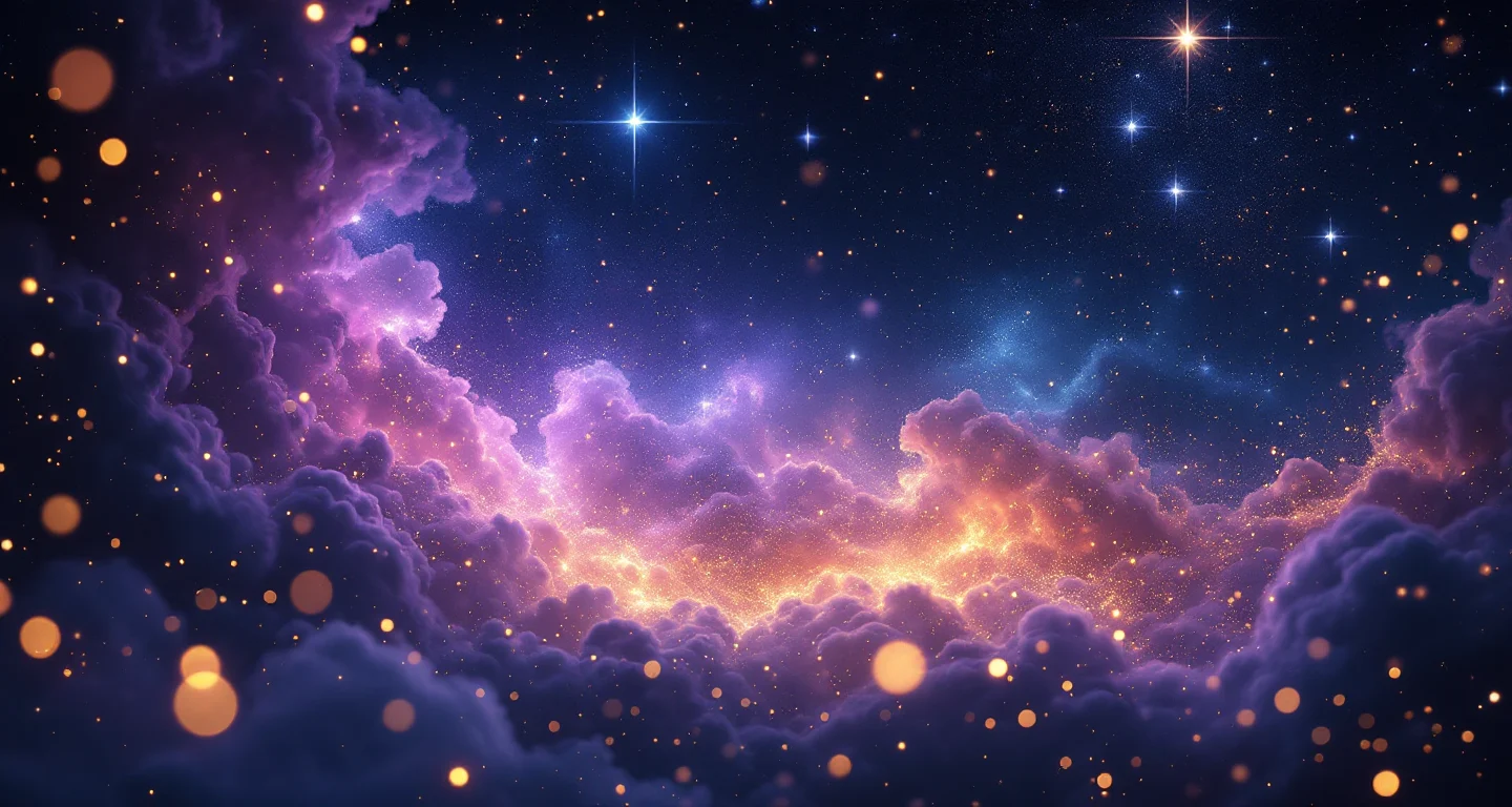 Rüyada Erik Görmek sembolünü temsil eden, mor-magenta bulutsu ve altın yıldızlardan oluşan atmosferik rüya sahnesi.