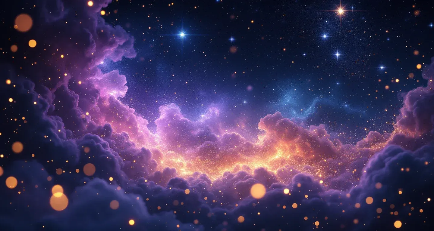 Escena onírica atmosférica formada por una nebulosa morado-magenta y estrellas doradas que representa el símbolo de soñar con una ciruela.