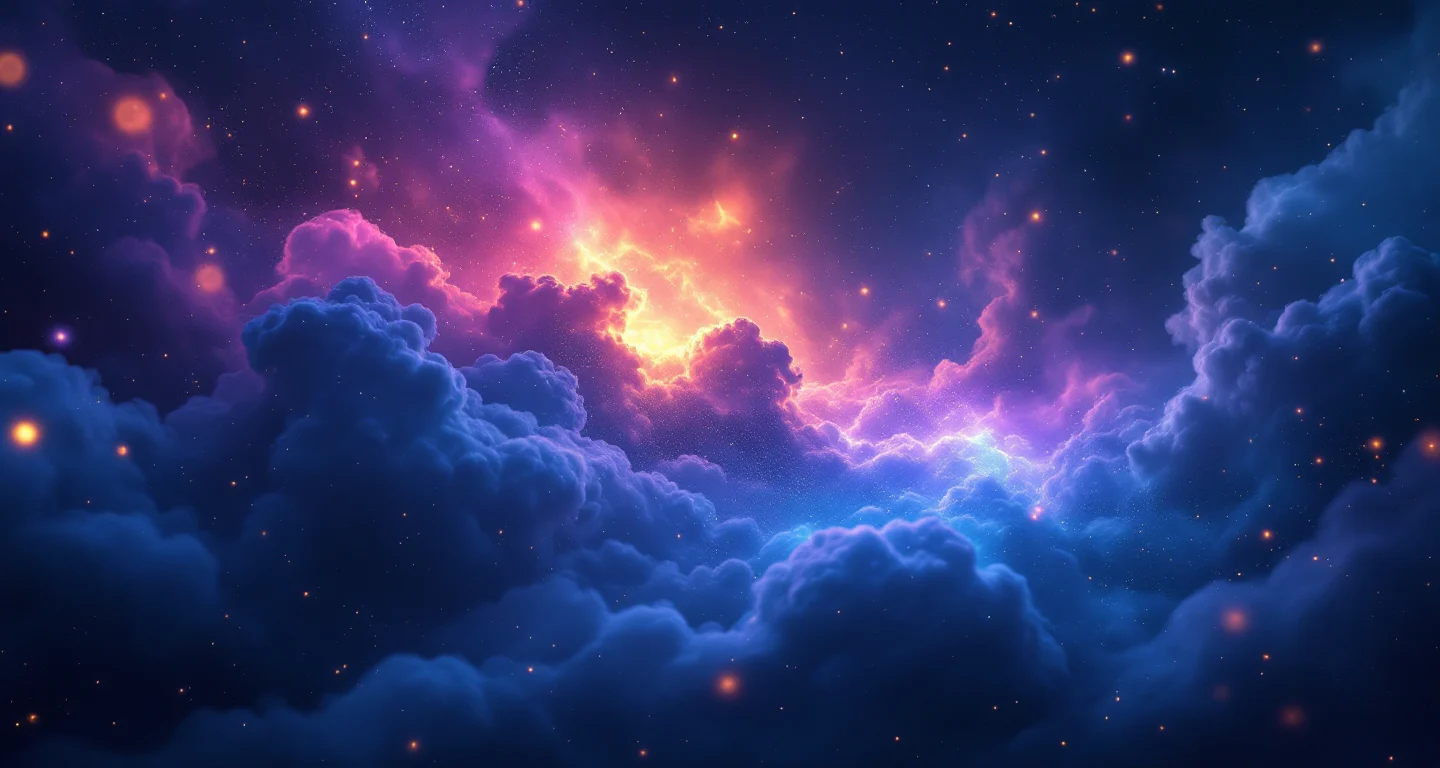 Rüyada Erkeğin Alt Tarafını Açık Görmek sembolünü temsil eden, mor-magenta bulutsu ve altın yıldızlardan oluşan atmosferik rüya sahnesi.