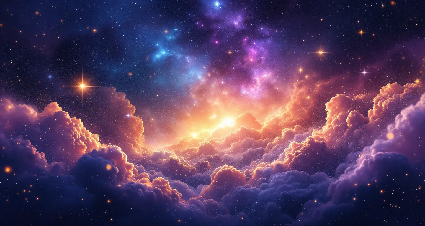 Rüyada Erkeğin Kadın Elbisesi Giymesi Görmek sembolünü temsil eden, mor-magenta bulutsu ve altın yıldızlardan oluşan atmosferik rüya sahnesi.
