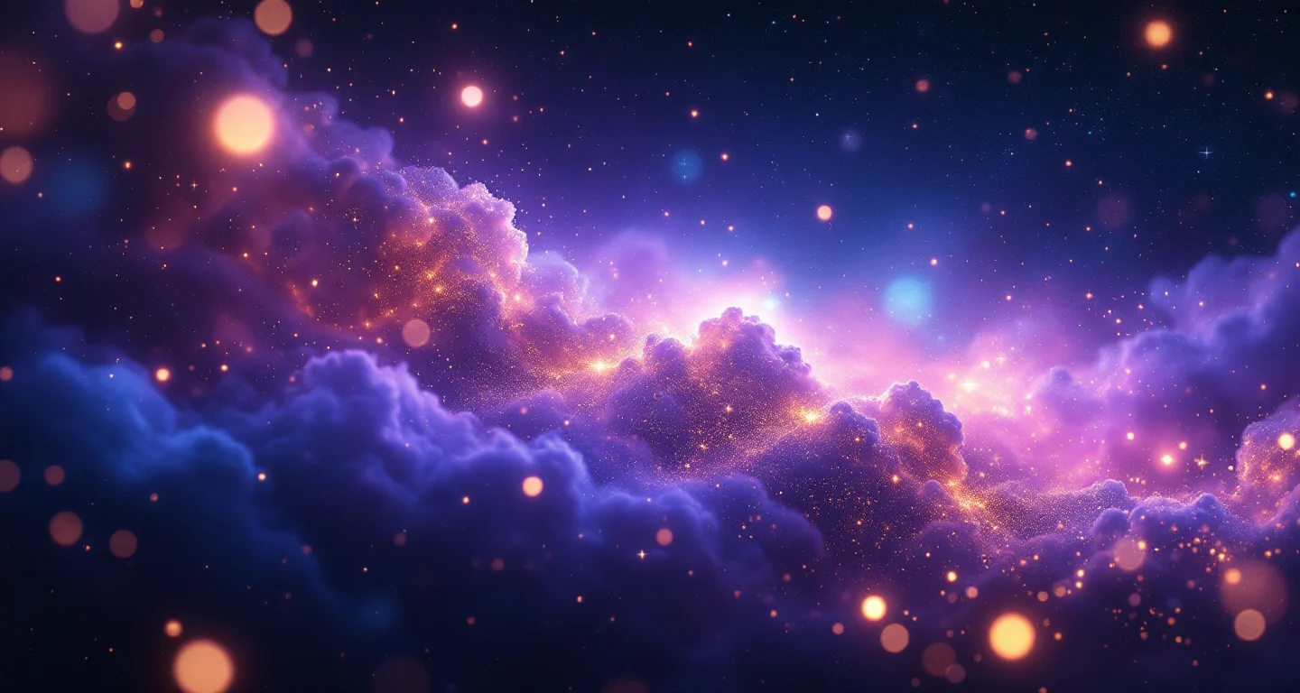Rüyada Erkek Bebek Görmek sembolünü temsil eden, mor-magenta bulutsu ve altın yıldızlardan oluşan atmosferik rüya sahnesi.