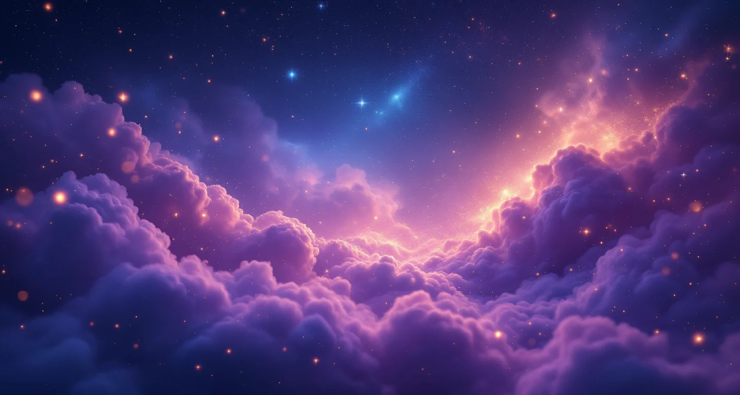 Rüyada Erkek Çocuğun İşemesi Görmek sembolünü temsil eden, mor-magenta bulutsu ve altın yıldızlardan oluşan atmosferik rüya sahnesi.