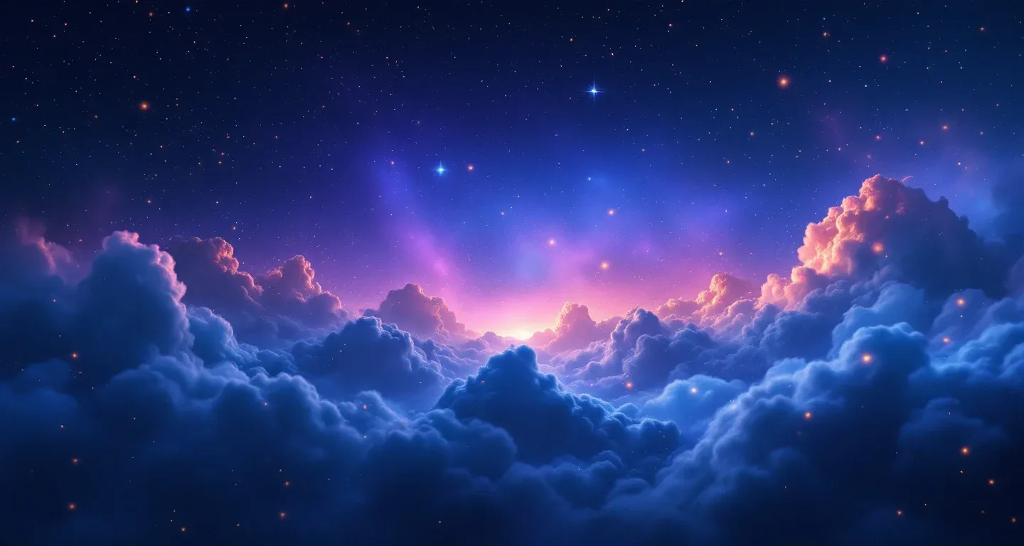 男の子がうんちをする夢を見る象徴を表す、紫がかったマゼンタの星雲と黄金の星々からなる幻想的な夢の情景。