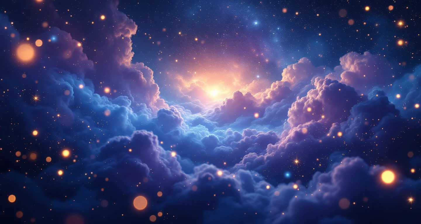 Rüyada Erkek Çocuğunun Olduğunu Görmek sembolünü temsil eden, mor-magenta bulutsu ve altın yıldızlardan oluşan atmosferik rüya sahnesi.