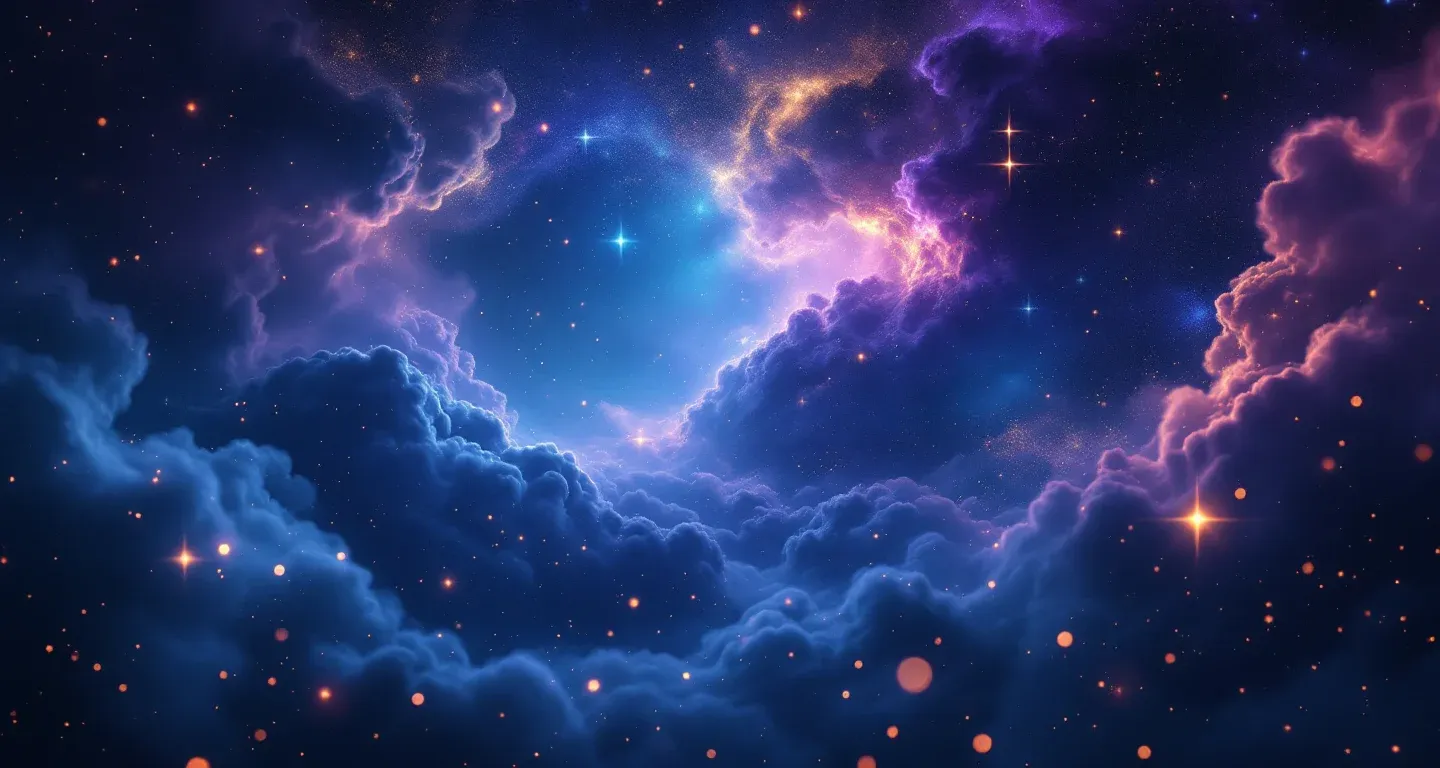夢で男の孫を見ることの意味を象徴する、紫とマゼンタの星雲と金色の星が広がる幻想的な夢の風景。