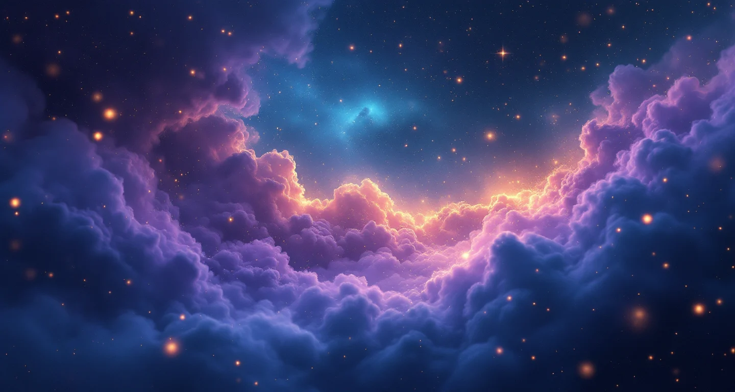 Rüyada Eşek Görmek sembolünü temsil eden, mor-magenta bulutsu ve altın yıldızlardan oluşan atmosferik rüya sahnesi.