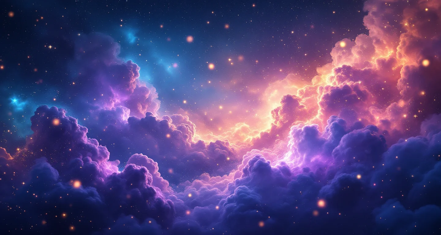 Rüyada Eşini Görmek sembolünü temsil eden, mor-magenta bulutsu ve altın yıldızlardan oluşan atmosferik rüya sahnesi.