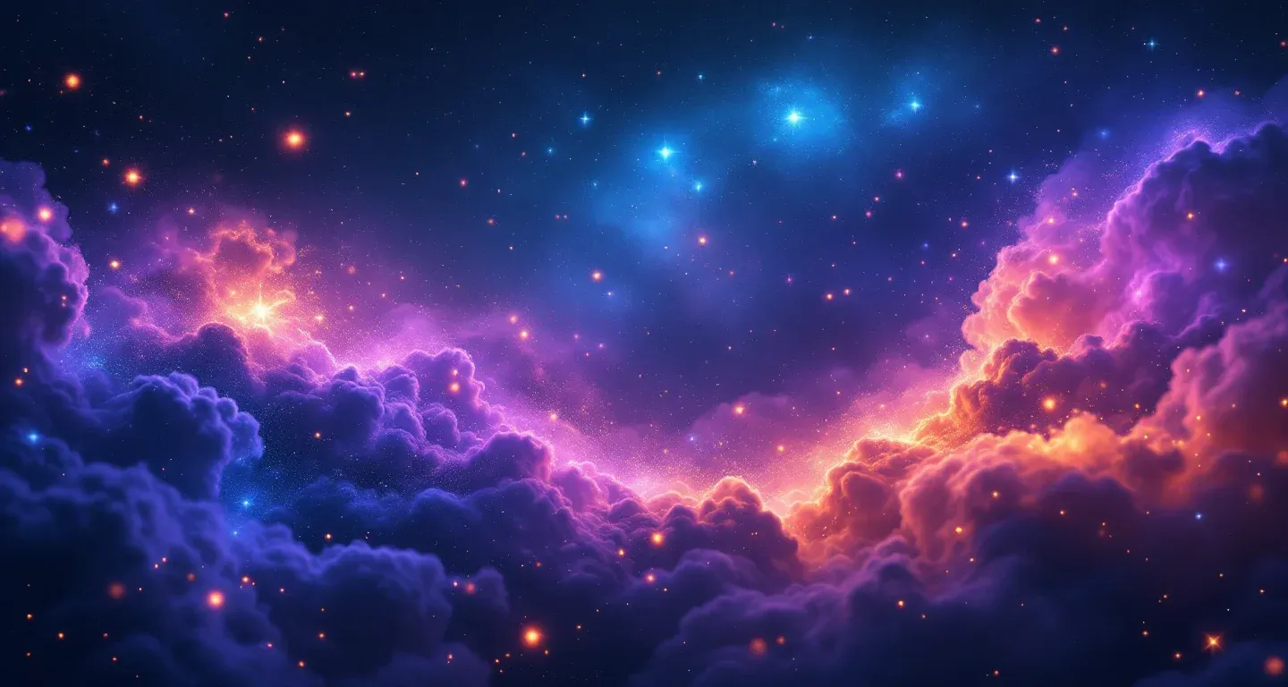 Escena onírica atmosférica con una nebulosa morada y magenta, y estrellas doradas, que representa el símbolo de ver a tu esposa teniendo relaciones con otro hombre en sueños según Diyanet.