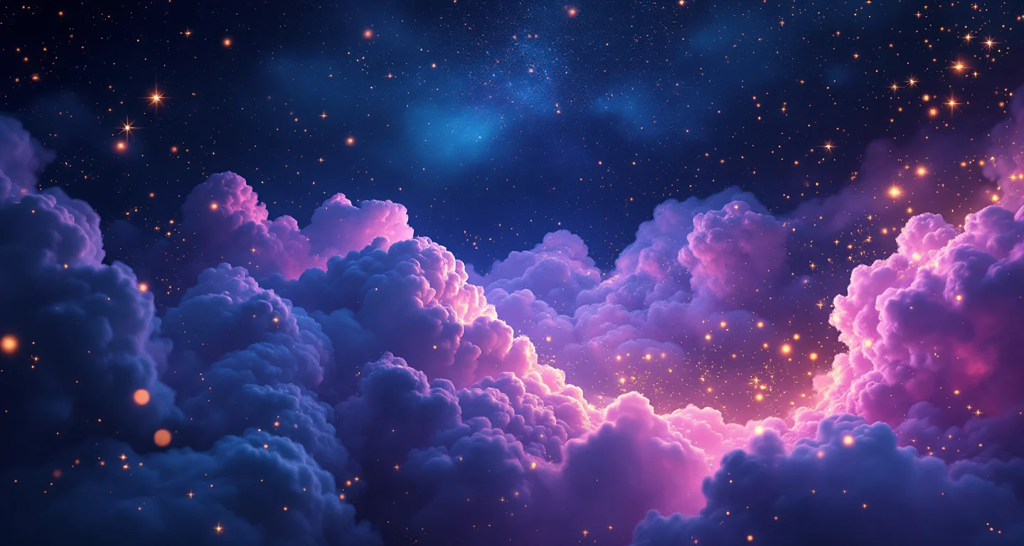 Rüyada Eşinin Başkasıyla Yakınlaşması sembolünü temsil eden, mor-magenta bulutsu ve altın yıldızlardan oluşan atmosferik rüya sahnesi.