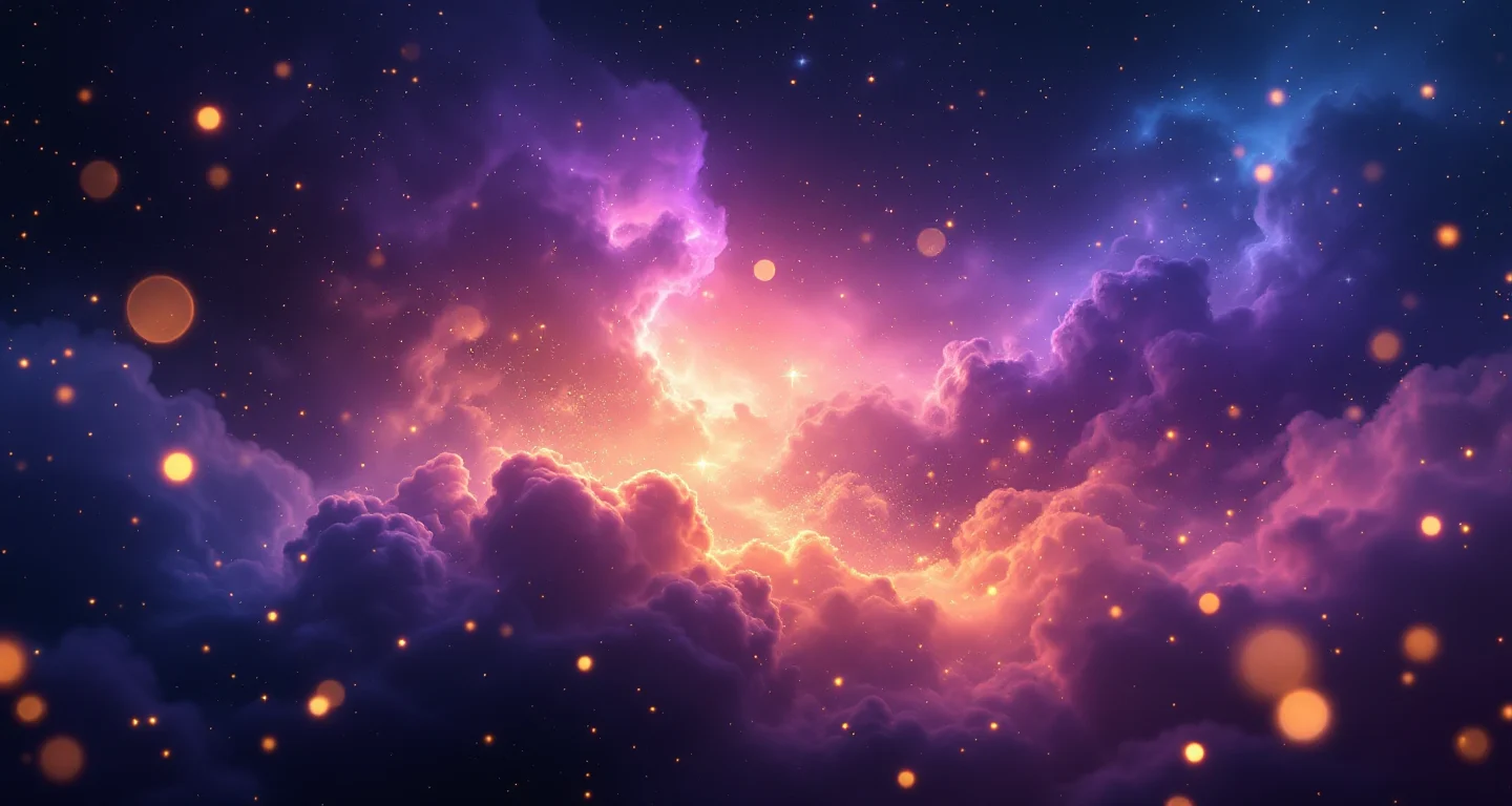 Rüyada Eşinin Eski Karısını Görmek sembolünü temsil eden, mor-magenta bulutsu ve altın yıldızlardan oluşan atmosferik rüya sahnesi.