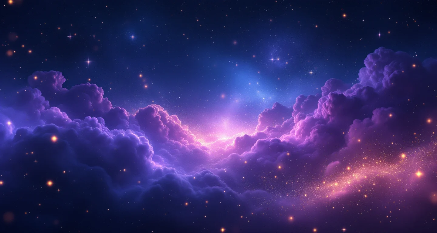 Rüyada Eşinin Eski Sevgilisini Görmek sembolünü temsil eden, mor-magenta bulutsu ve altın yıldızlardan oluşan atmosferik rüya sahnesi.