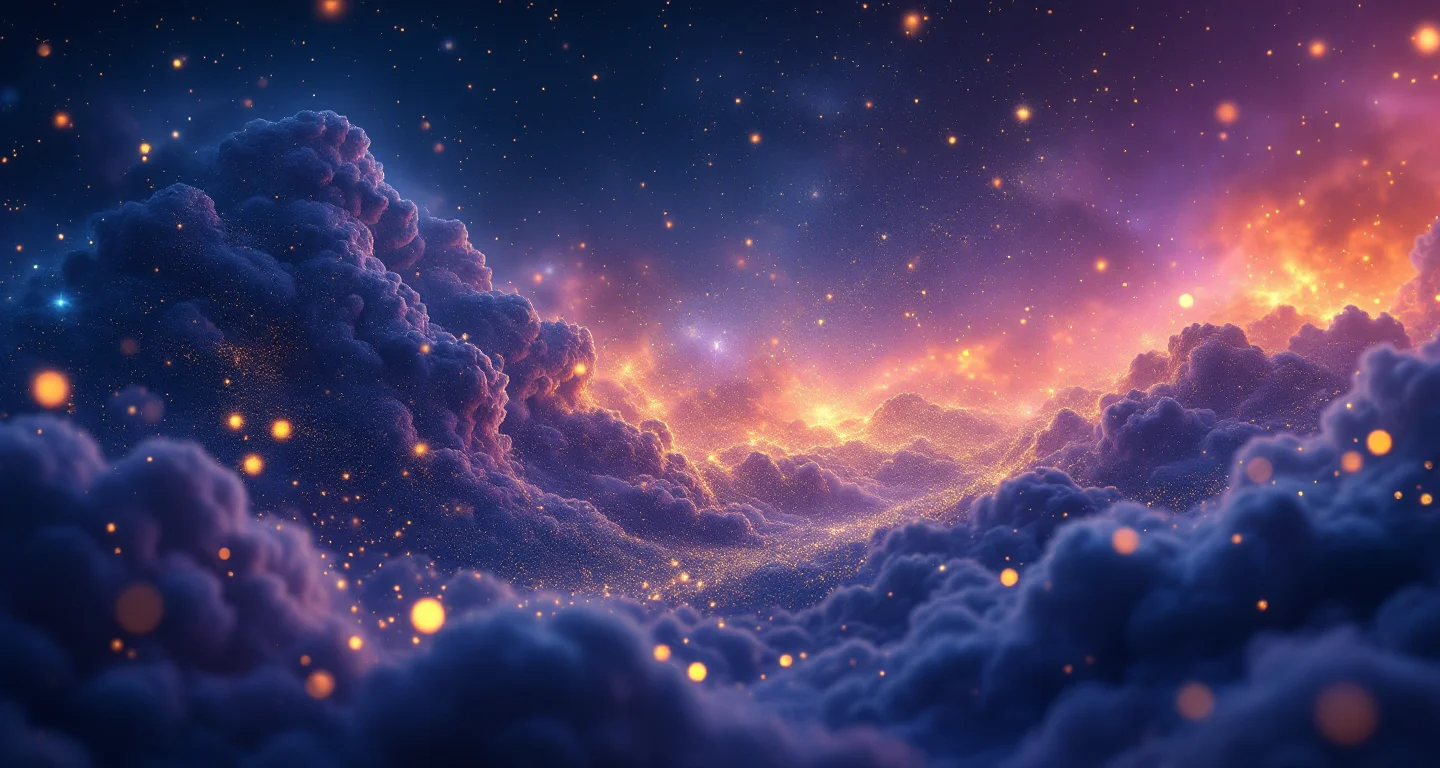 Ruyada Esinin Kiskanmasi sembolünü temsil eden, mor-magenta bulutsu ve altın yıldızlardan oluşan atmosferik rüya sahnesi.