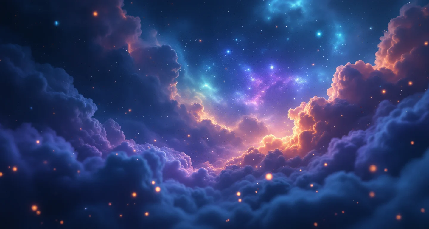 Rüyada Eski Eşinin Barışmak İstediğini Görmek sembolünü temsil eden, mor-magenta bulutsu ve altın yıldızlardan oluşan atmosferik rüya sahnesi.