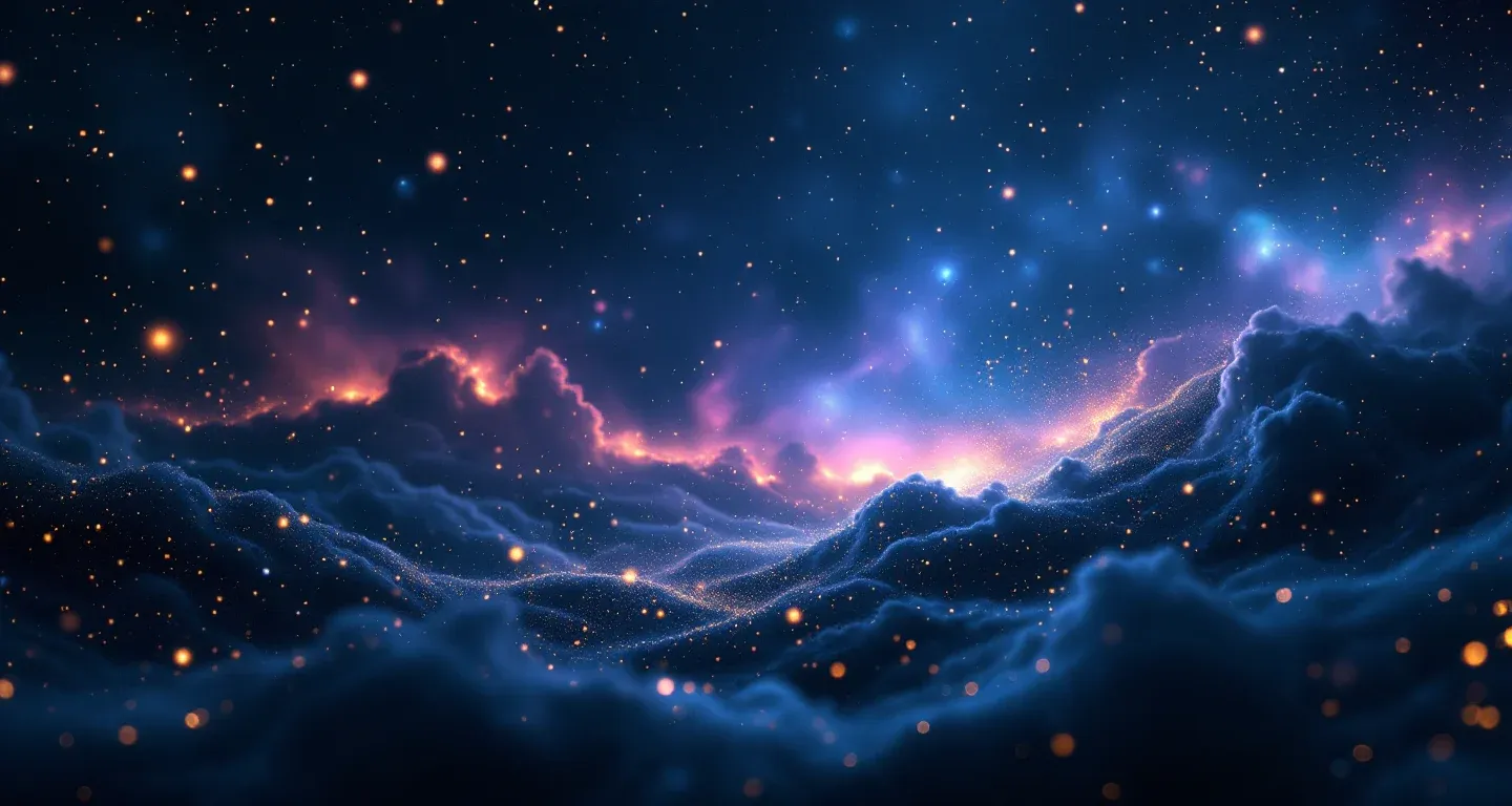 Atmosphärische Traumszene mit violett-magenta Nebeln und goldenen Sternen, die das Symbol 'einen ehemaligen Arbeitskollegen im Traum sehen' darstellt.