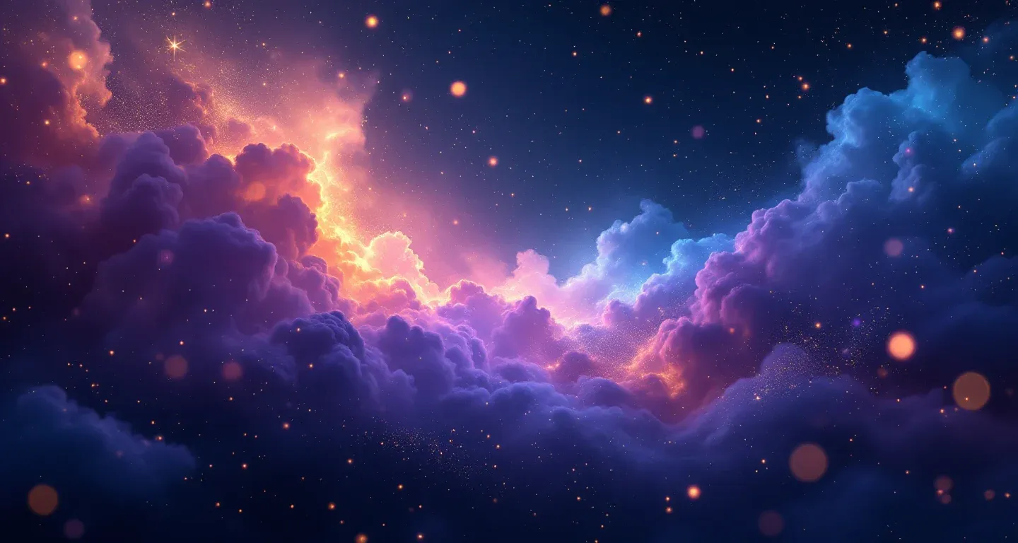 夢で昔の恋人を見るが話さない象徴を表す、紫からマゼンタの星雲と金色の星が広がる幻想的な夢の情景。
