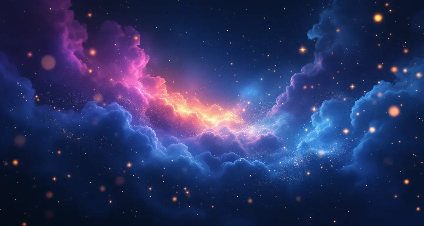 Escena onírica atmosférica de nubes púrpura-magenta y estrellas doradas que representa el símbolo de soñar con mensajear a tu ex.