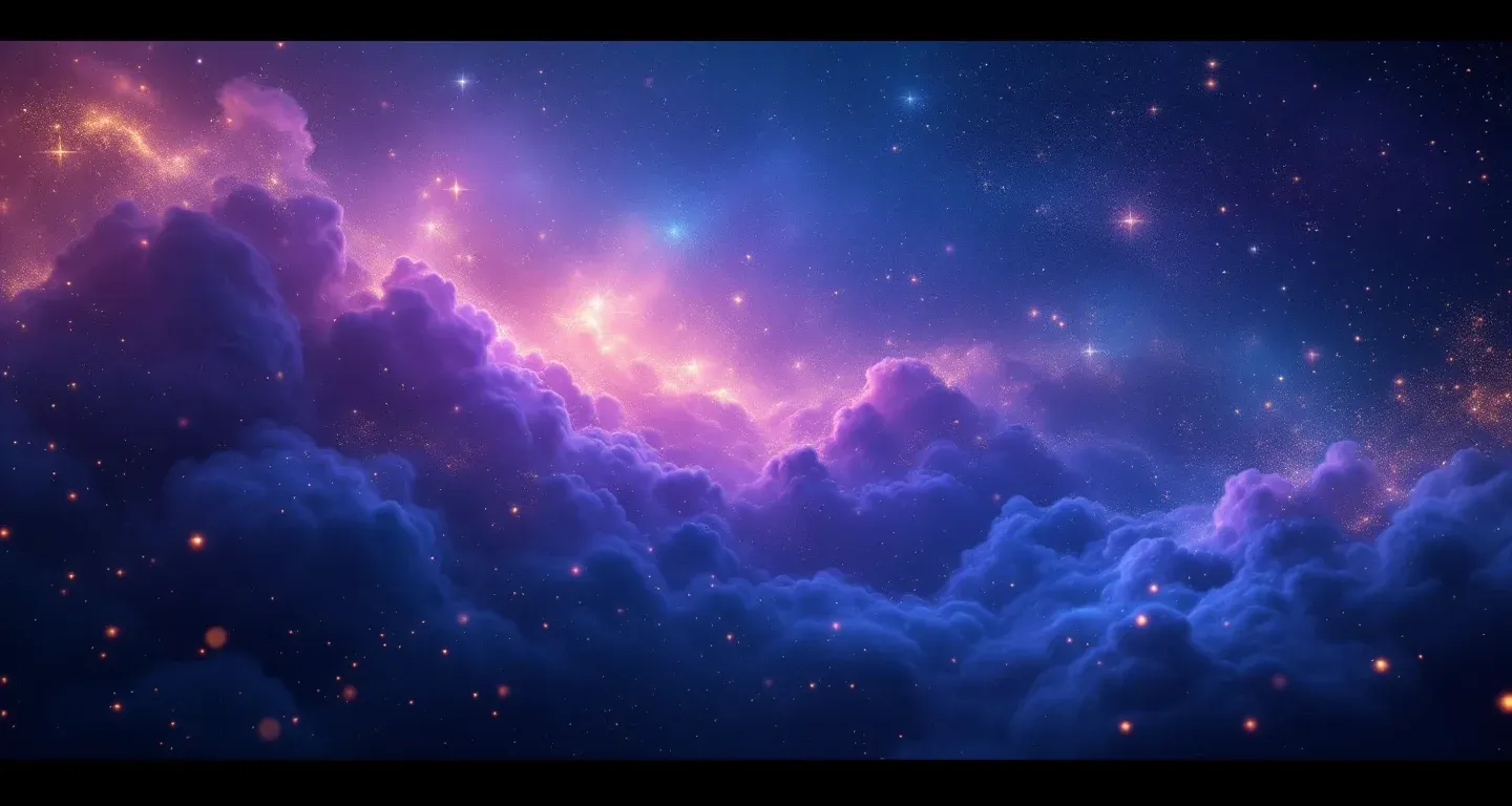 Atmosphärische Traumszene mit violett-magenta Nebel und goldenen Sternen, die das Symbol Haschisch im Traum sehen darstellt.