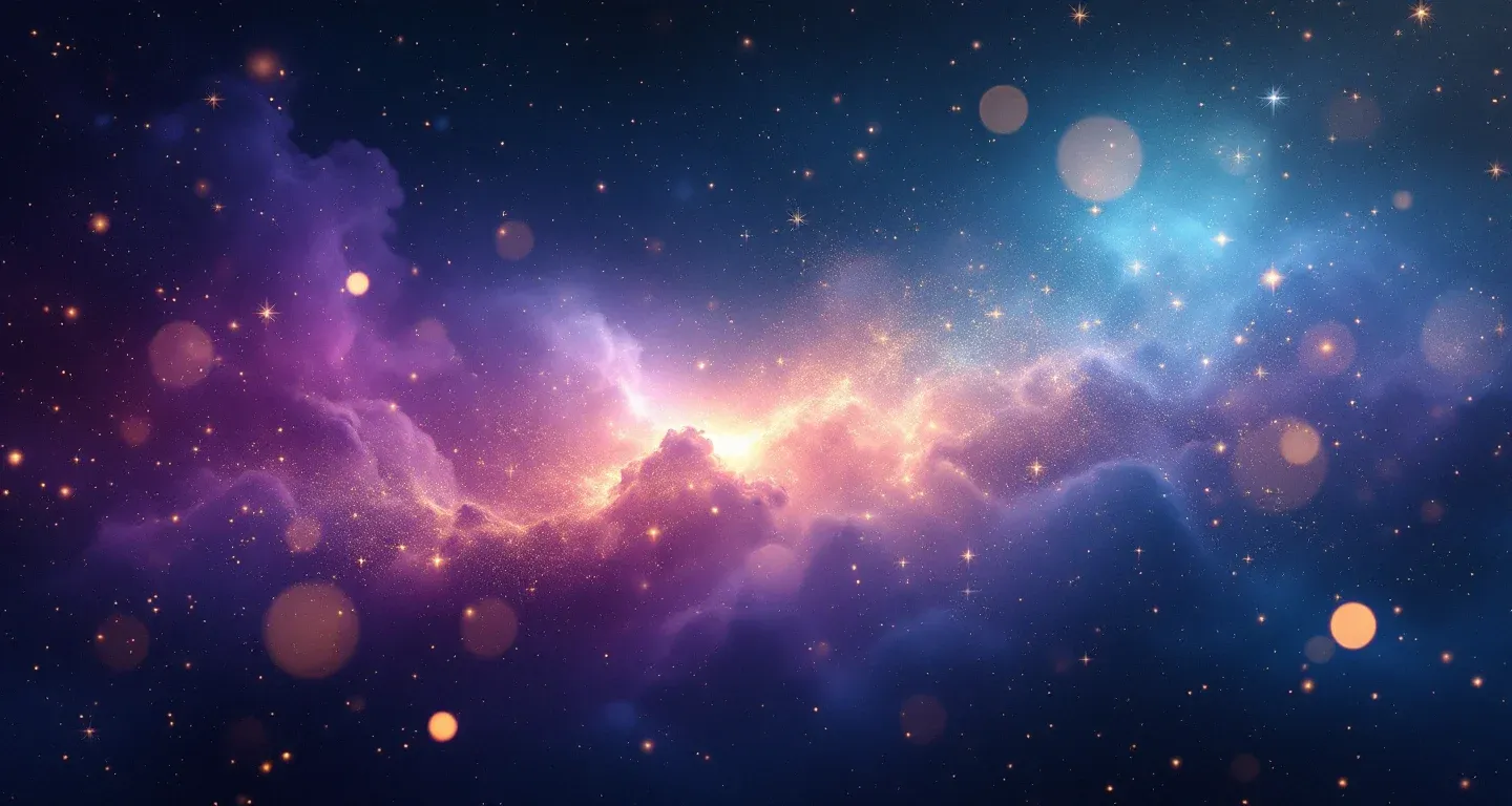 夢で大麻を吸うのを見る象徴を表した、紫がかったマゼンタの星雲と金色の星々からなる幻想的な夢の情景。