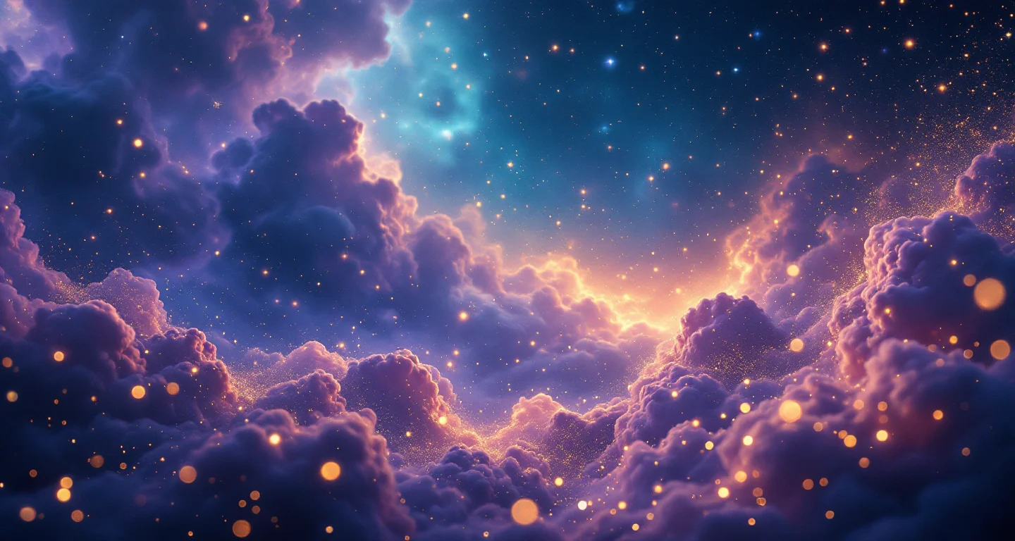 Rüyada Et Görmek sembolünü temsil eden, mor-magenta bulutsu ve altın yıldızlardan oluşan atmosferik rüya sahnesi.