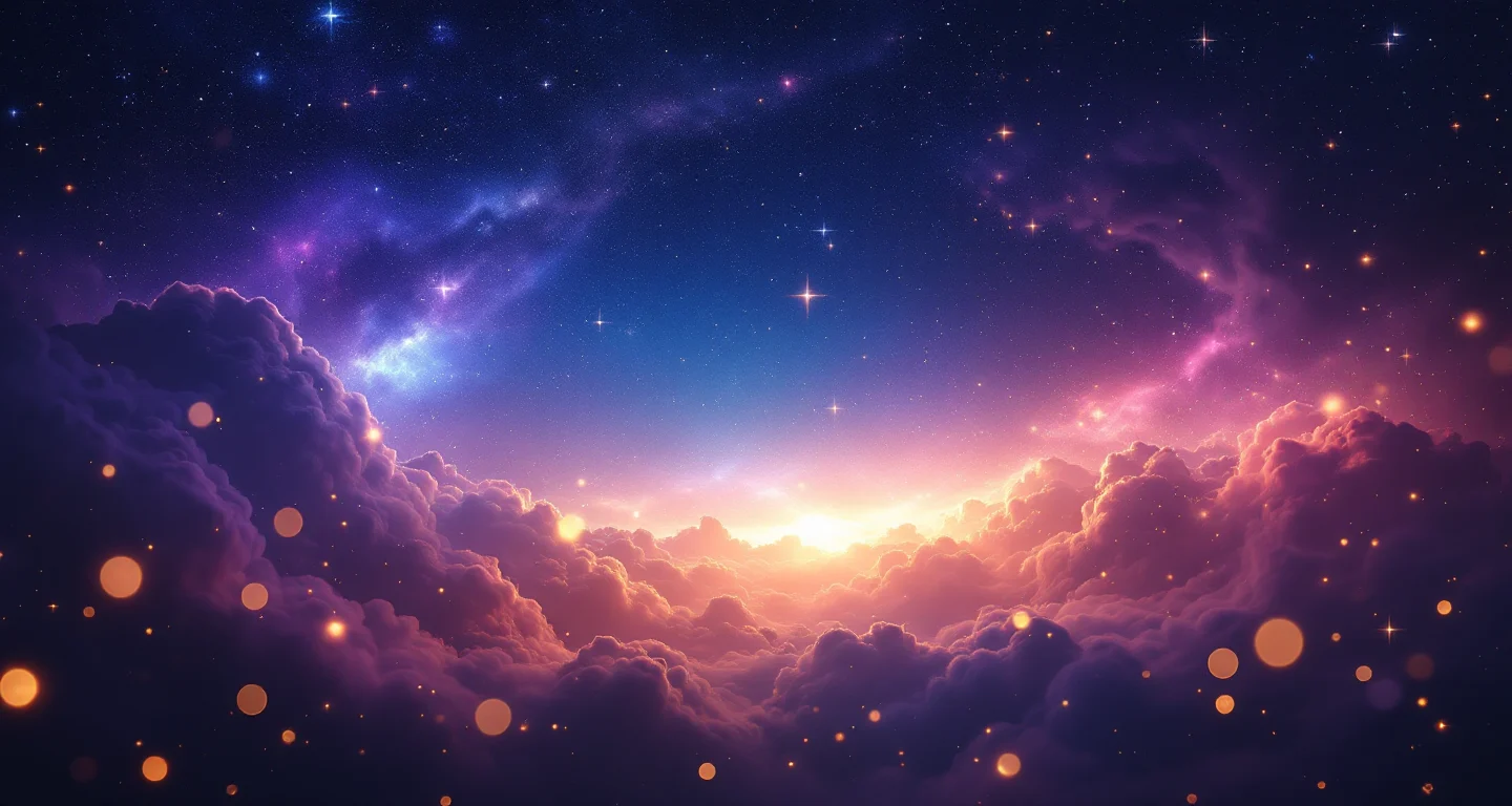 Rüyada Ev Almak sembolünü temsil eden, mor-magenta bulutsu ve altın yıldızlardan oluşan atmosferik rüya sahnesi.
