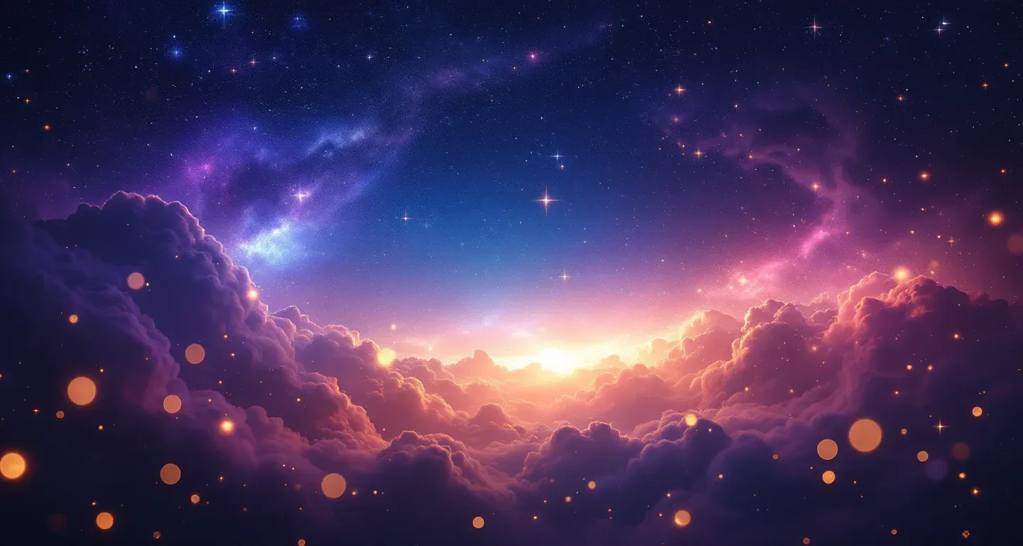 夢で家を買うシンボルを表す、紫からマゼンタの星雲と金色の星が漂う幻想的な夢の情景。