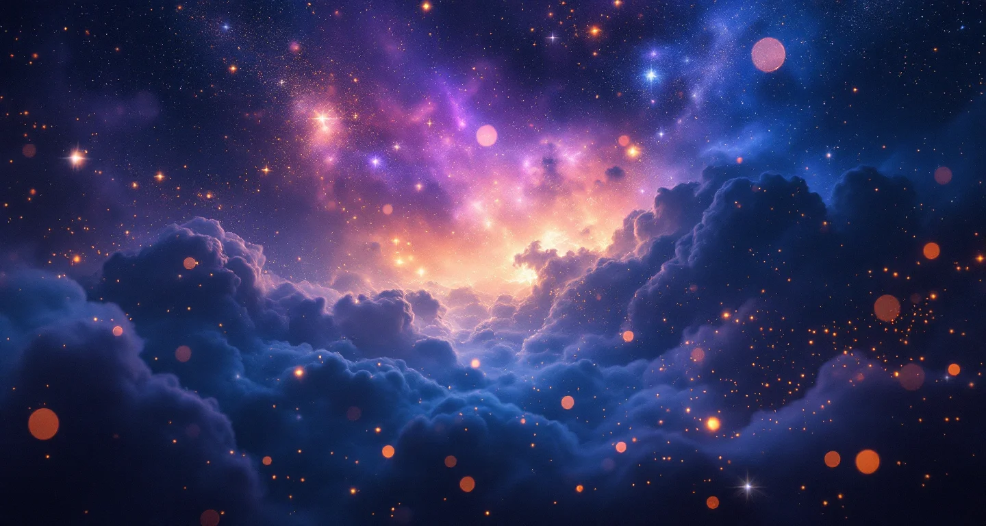 Rüyada Evden Kedi Çıkarmaya Çalışmak sembolünü temsil eden, mor-magenta bulutsu ve altın yıldızlardan oluşan atmosferik rüya sahnesi.