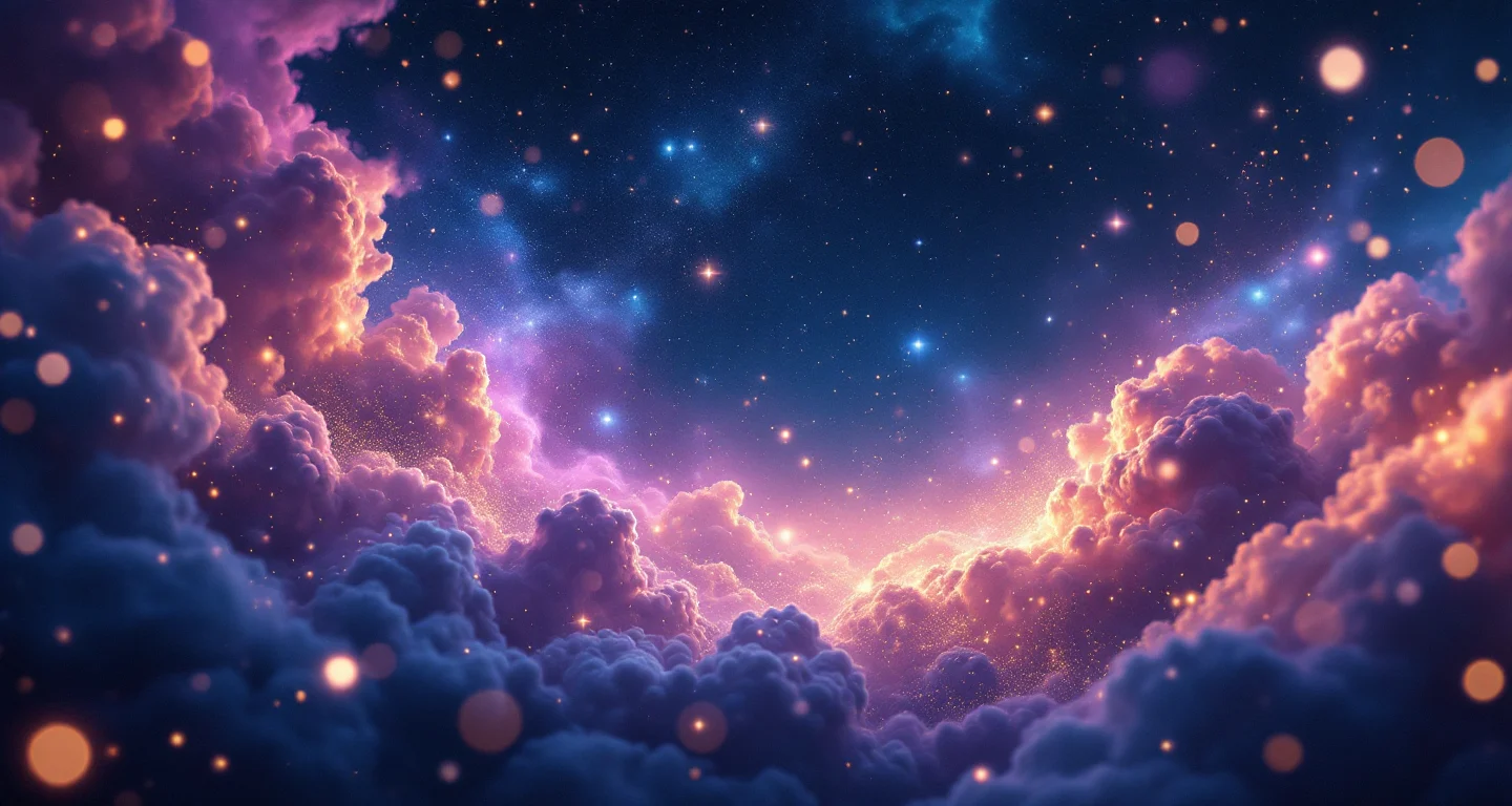 Rüyada Eve Kedi Girmesi sembolünü temsil eden, mor-magenta bulutsu ve altın yıldızlardan oluşan atmosferik rüya sahnesi.